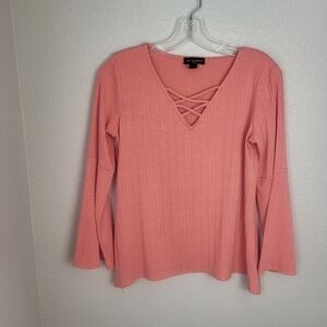 I.N. Studio Petite Light Coral Top Crisscross Neckline Bell Sleeves Medium